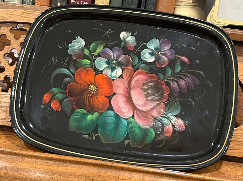 Vintage USSR Soviet Hand Painted Metal Floral Serving Tray